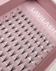 Close up of individual 10D Promade Lash fan highlighting narrow base and lightweight, handcrafted Korean PBT fibres