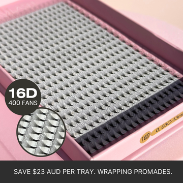 Premium handcrafted XXL 16D Promade Lashes, featuring 400 fans for enhanced volume and lash artistry.