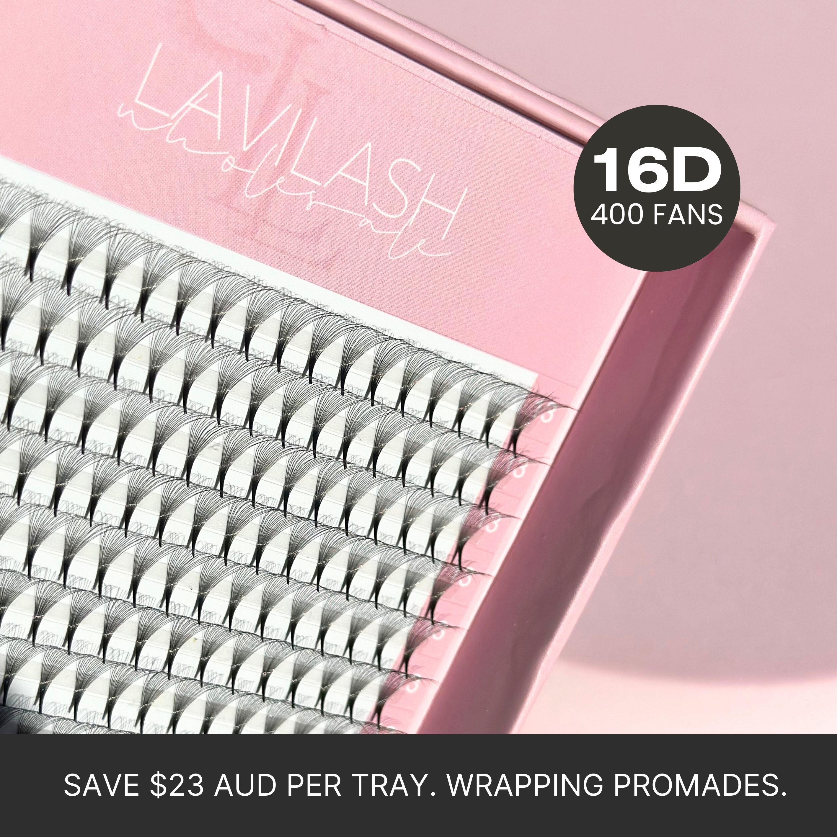 LAVILASH XXL 16D Promade Lashes with 400 fans, available at a discounted price, offering a $23 AUD saving per lash tray.