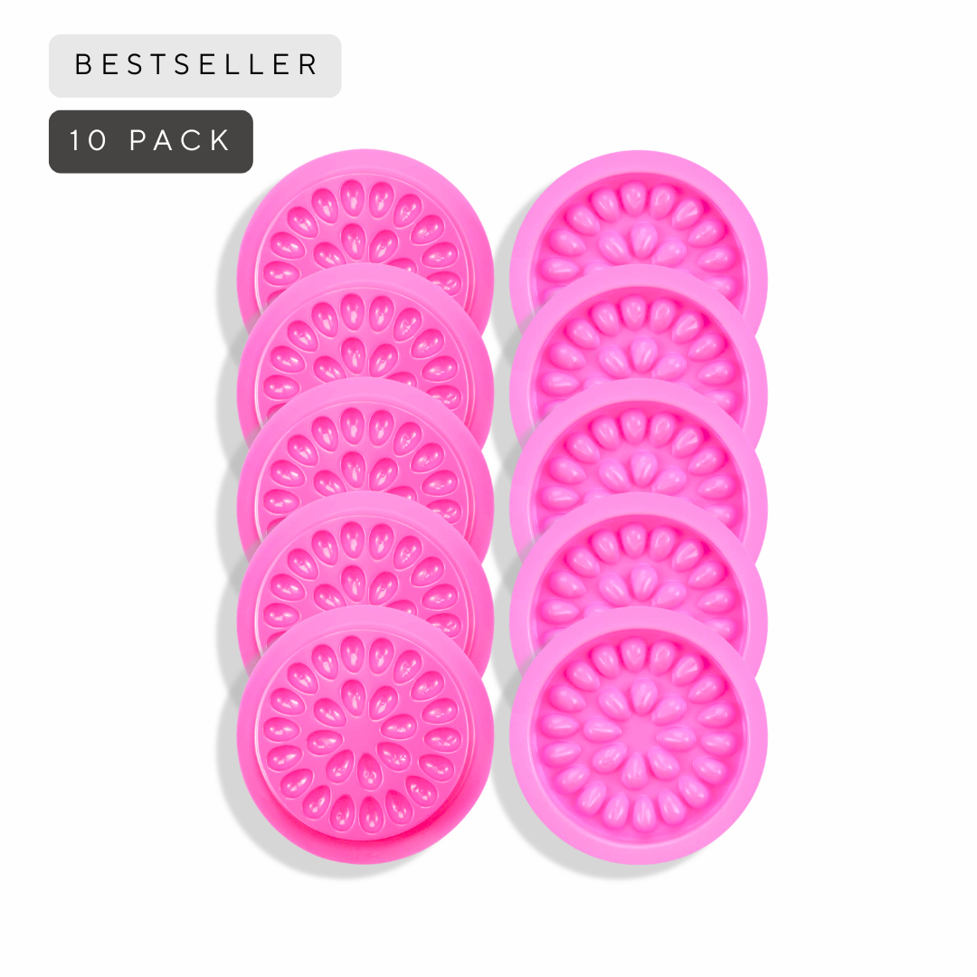 10 pink glue pallets for lash adhesive dots in pink, labeled as a bestseller.