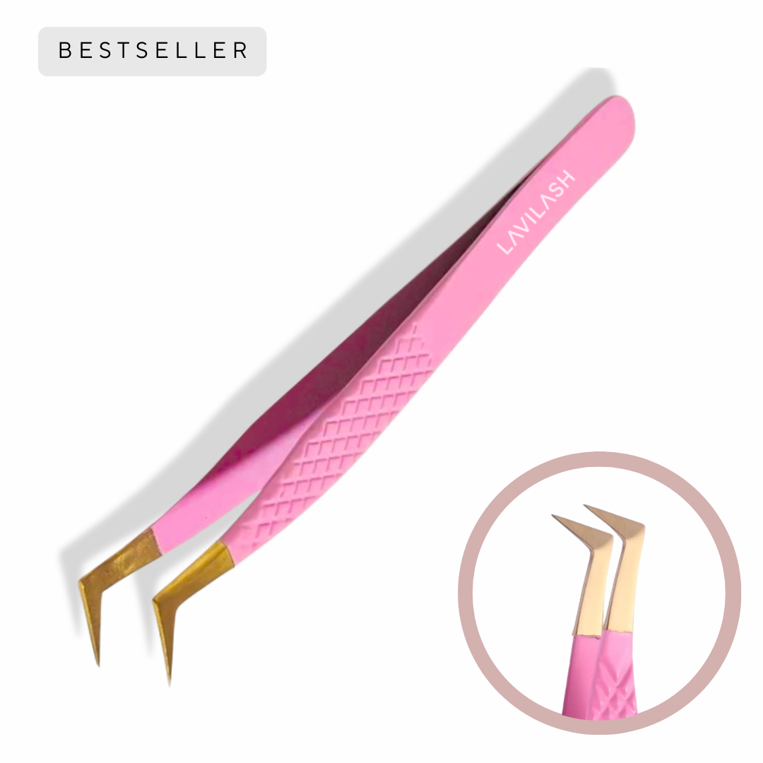 Pink Lash Tweezers for volume eyelash extensions in a 90 degree boot