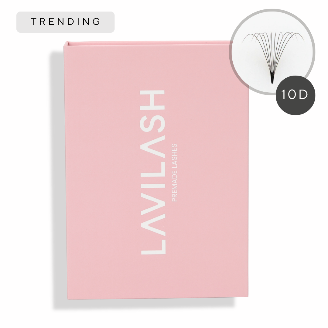 XL 10D premade lashes by LAVILASH with approximately 320 premade volume fans in a professional lash extension tray